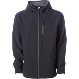 A men's soft shell poly zip jacket in black with a hood and zippered pockets. It features a logo on the chest.