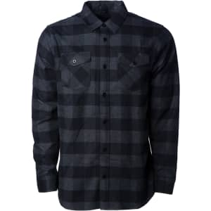 A black and grey check flannel shirt with two chest pockets and button-up front. It features a small logo.