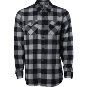 A black and grey checked flannel shirt featuring two chest pockets and a button-up front. It has a logo on the label.