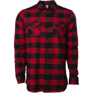 A red and black checkered flannel shirt featuring two chest pockets and a button-up front. It has a logo on the label.