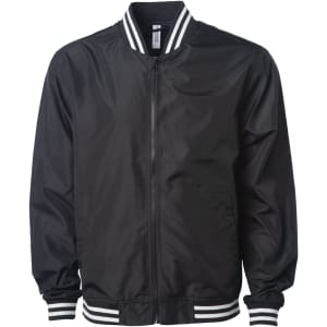 A black lightweight bomber jacket featuring a zip front and striped cuffs and collar. It has a logo on the front.
