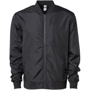 A men's lightweight bomber jacket in solid black with a front zip and ribbed cuffs. The jacket features a branded logo.