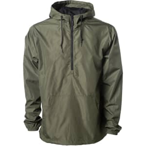A lightweight olive green anorak windbreaker with a hood and front pouch pocket, featuring a logo.