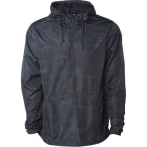 A men's lightweight anorak windbreaker in a dark camo pattern with a hood and adjustable drawstrings.