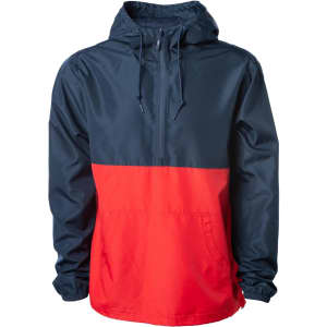 A lightweight anorak windbreaker in navy and red, featuring a hood and a central pocket. Includes a logo.