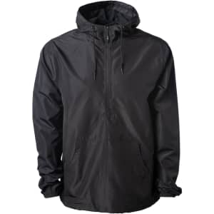 A black lightweight anorak windbreaker with a hood and front pockets, featuring a logo.