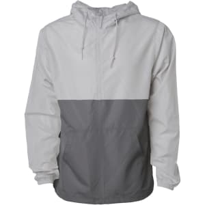 A lightweight men's anorak windbreaker in white and grey, featuring a hood and a front pocket. It has a logo.