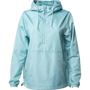 A lightweight anorak windbreaker in a light blue colour, featuring a hood and a front pocket. It has a logo.