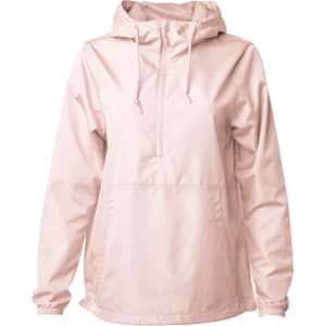 A lightweight, pink men's anorak windbreaker with a hood and a front pocket. Features a logo on the front.