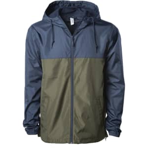 A lightweight windbreaker zip jacket featuring a navy upper half and an olive green lower half, with a hood and pockets.