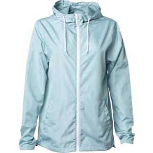 A light blue men's lightweight windbreaker zip jacket with a hood and front pockets. It features a logo on the sleeve.