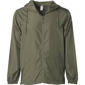 A lightweight windbreaker zip jacket in olive green with a hood and a front zipper. It features drawstrings for adjustment.