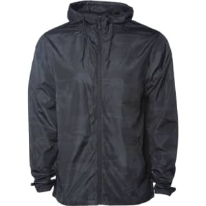 A men's black lightweight windbreaker zip jacket featuring a hood and drawstring. The jacket has a logo on it.