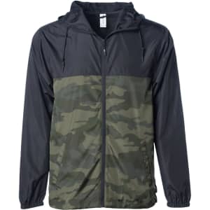 A lightweight windbreaker zip jacket in black and camouflage green, featuring a hood and front zip closure.