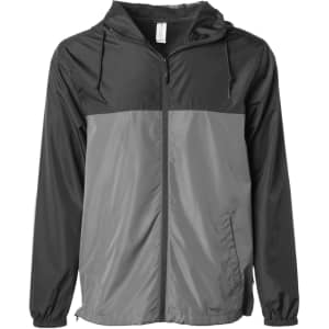 A men's lightweight windbreaker zip jacket in black and grey, featuring a hood and a zip front, with a logo on it.