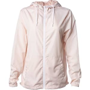 A lightweight windbreaker zip jacket in soft pink, featuring a hood and drawstring, with an elasticised hem.
