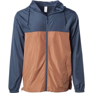 A lightweight windbreaker zip jacket in navy blue and brown, featuring a hood and side pockets, with a logo.