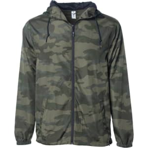 A men's lightweight windbreaker zip jacket in a green camo pattern with a hood and drawstrings. It features a logo.