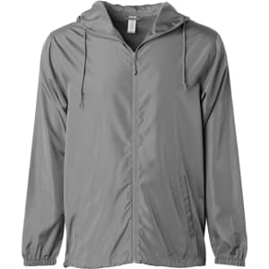 A grey lightweight windbreaker zip jacket with a hood and drawstrings, featuring a logo on the front.
