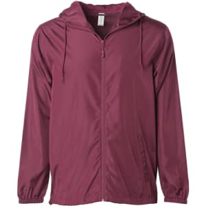 A maroon lightweight windbreaker zip jacket with a hood, featuring a front zipper and an adjustable drawstring.