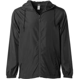A men's lightweight windbreaker zip jacket in black with a hood and zip front, featuring a logo.