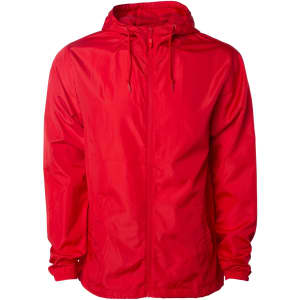 A red lightweight windbreaker zip jacket with a hood and adjustable drawstrings, featuring a logo on the design.