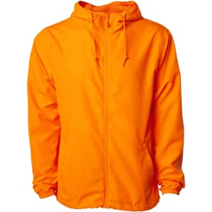 An orange lightweight windbreaker zip jacket with a hood and drawstrings, featuring an elastic cuff design.