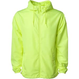 A lightweight windbreaker zip jacket in bright fluorescent yellow, featuring a hood and adjustable drawstrings.