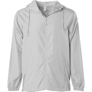 A light grey men's lightweight windbreaker zip jacket with a hood and drawstrings. It features a logo on the chest.