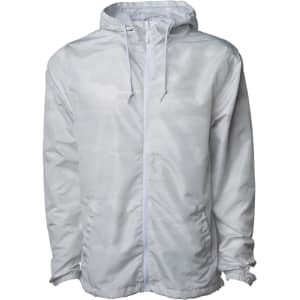 A lightweight windbreaker zip jacket in white with a subtle camouflage pattern, featuring a hood and front pockets.