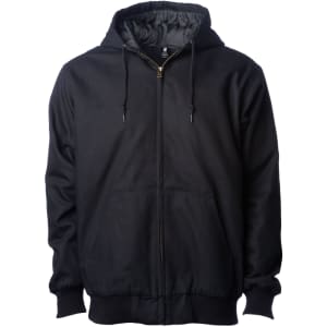 A black work jacket with a hood and front pockets, featuring a zip closure and drawstrings.