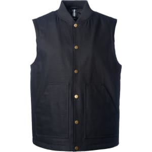 A black Kodiak duck canvas work vest featuring a collared neckline and front pockets, with a logo present.