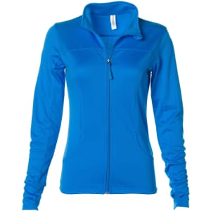 A women's zip-up jacket in bright blue polyester, featuring long sleeves and a collar, with a logo on the front.