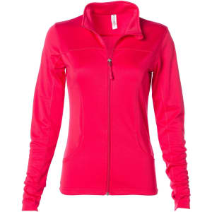 A bright pink women's polyester athletic zip jacket with long sleeves and a zipped front. It features a logo.