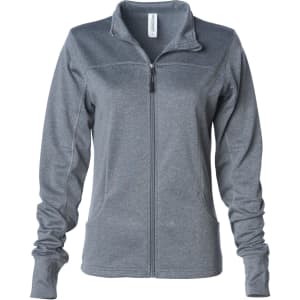 A women's athletic zip jacket in grey with long sleeves and a zip front. It features a logo on the chest.