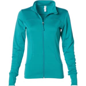 A teal women's polyester athletic zip jacket with a zip closure and two side pockets, featuring long sleeves and a fitted design.