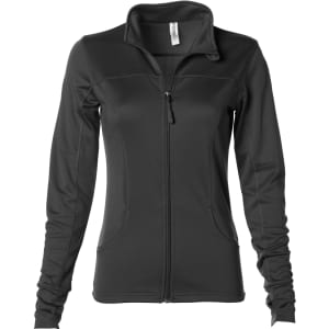 A women's black polyester athletic zip jacket featuring long sleeves and a high collar. It has a front zip and pockets.