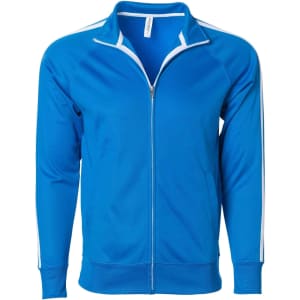 A blue unisex poly zip track jacket with white stripes on the shoulders and a front zip. It has a logo on it.