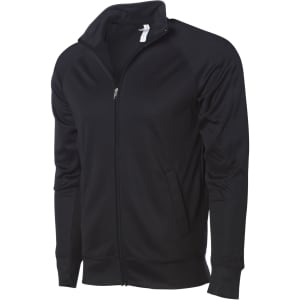 A black adult unisex poly zip track jacket with a high collar and zip closure, featuring side pockets.