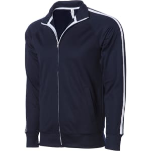 A navy blue zip track jacket featuring white side stripes and a zippered front, designed for unisex wear.