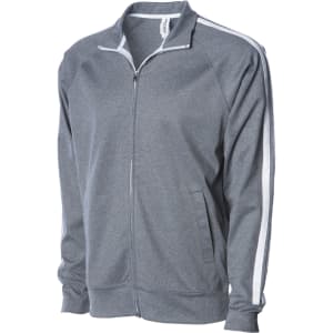 A grey adult unisex poly zip track jacket with white side stripes and a full zip front, featuring a logo.
