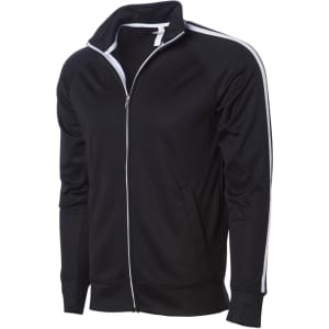 A black poly zip track jacket with white side stripes and a collar, featuring a logo on the chest.