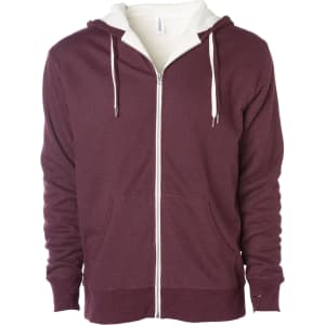 A unisex maroon hoodie with a cream-coloured sherpa lining and a zip front. It features a kangaroo pocket and hood.