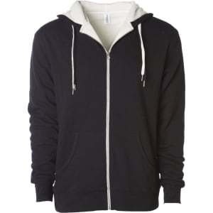 A black unisex zip hoodie with a sherpa-lined white interior and drawstring hood, featuring front pockets.