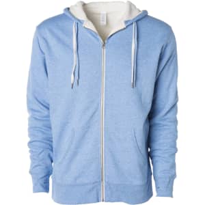 A blue unisex zip hoodie with a white sherpa lining and adjustable drawstrings on the hood.