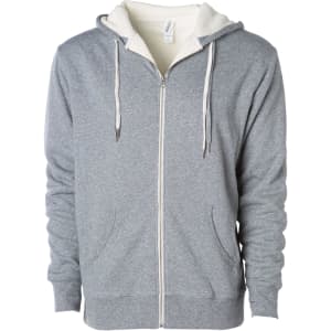 A grey unisex zip hoodie with a sherpa lining, featuring a hood and drawstrings. It has an overall casual design.