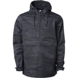A men's nylon anorak windbreaker jacket in black camouflage pattern, featuring a hood and a front pocket.