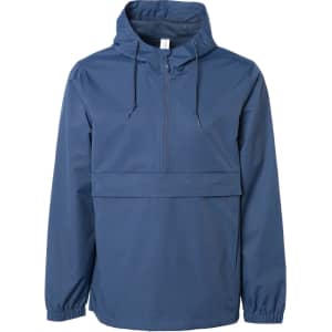 A blue men's nylon anorak windbreaker jacket with a hood and a front pocket, featuring a logo.