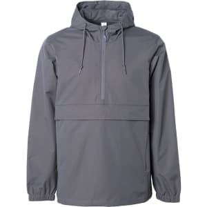 A grey men's nylon anorak windbreaker jacket with a front pouch and a hood, featuring a logo.
