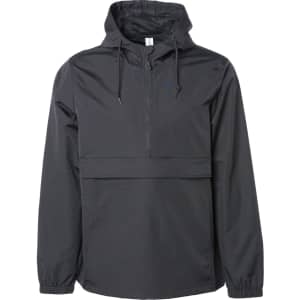 A men's nylon anorak windbreaker jacket in dark grey with a hood and half-zip front. Features a logo on the chest.